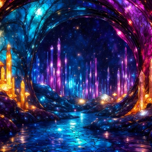 A vibrant and detailed fantasy photograph of an alien planet. Where every element appears meticulously crafted from iridescent stained glass. From a cave system, dominated by towering crystals, giant bioluminescent mushrooms, in all shapes and sizes, that glow in vibrant iridescent colors. A stream of iridescent blue water, flows down the center of the cave from a waterfall, off in the distance. The alien flora, vibrantly colored, attracting alien insects, like nothing you've ever seen. Glow worms hang down from the ceiling, emitting the entire spectrum of the rainbow in colors, they seem to dance and blend as if they are connected. Outside the cave system, the sky shimmers with a breathtaking aurora borealis that fills the sky, creating a cosmic spectacle of galaxies, nebulae, and radiant starlight, in this nighttime landscape.