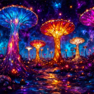 A vibrant and detailed fantasy photograph of an alien planet. Where every element appears meticulously crafted from iridescent stained glass. From a cave system, dominated by towering crystals, giant bioluminescent mushrooms, in all shapes and sizes, that glow in vibrant iridescent colors. A stream of iridescent blue water, flows down the center of the cave from a waterfall, off in the distance. The alien flora, vibrantly colored, attracting alien insects, like nothing you've ever seen. Glow worms hang down from the ceiling, emitting the entire spectrum of the rainbow in colors, they seem to dance and blend as if they are connected. Outside the cave system, the sky shimmers with a breathtaking aurora borealis that fills the sky, creating a cosmic spectacle of galaxies, nebulae, and radiant starlight, in this nighttime landscape.