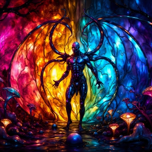 A vibrant and detailed fantasy photograph of an alien planet. Where every element appears meticulously crafted from iridescent stained glass. From a cave system, dominated by towering crystals, giant bioluminescent mushrooms, in all shapes and sizes, that glow in vibrant iridescent colors. A stream of iridescent blue water, flows down the center of the cave from a waterfall, off in the distance. The alien flora, vibrantly colored, attracting alien insects, like nothing you've ever seen. Glow worms hang down from the ceiling, emitting the entire spectrum of the rainbow in colors, they seem to dance and blend as if they are connected. Outside the cave system, the sky shimmers with a breathtaking aurora borealis that fills the sky, creating a cosmic spectacle of galaxies, nebulae, and radiant starlight, in this nighttime landscape.