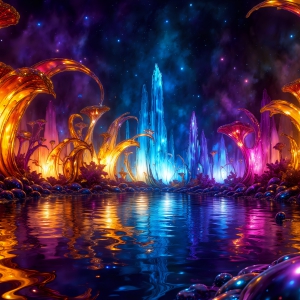A vibrant and detailed fantasy photograph of an alien planet. Where every element appears meticulously crafted from iridescent stained glass. From a cave system, dominated by towering crystals, giant bioluminescent mushrooms, in all shapes and sizes, that glow in vibrant iridescent colors. A stream of iridescent blue water, flows down the center of the cave from a waterfall, off in the distance. The alien flora, vibrantly colored, attracting alien insects, like nothing you've ever seen. Glow worms hang down from the ceiling, emitting the entire spectrum of the rainbow in colors, they seem to dance and blend as if they are connected. Outside the cave system, the sky shimmers with a breathtaking aurora borealis that fills the sky, creating a cosmic spectacle of galaxies, nebulae, and radiant starlight, in this nighttime landscape.