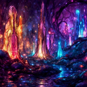 A vibrant and detailed fantasy photograph of an alien planet. Where every element appears meticulously crafted from iridescent stained glass. From a cave system, dominated by towering crystals, giant bioluminescent mushrooms, in all shapes and sizes, that glow in vibrant iridescent colors. A stream of iridescent blue water, flows down the center of the cave from a waterfall, off in the distance. The alien flora, vibrantly colored, attracting alien insects, like nothing you've ever seen. Glow worms hang down from the ceiling, emitting the entire spectrum of the rainbow in colors, they seem to dance and blend as if they are connected. Outside the cave system, the sky shimmers with a breathtaking aurora borealis that fills the sky, creating a cosmic spectacle of galaxies, nebulae, and radiant starlight, in this nighttime landscape.