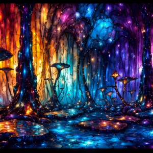A vibrant and detailed fantasy photograph of an alien planet. Where every element appears meticulously crafted from iridescent stained glass. From a cave system, dominated by towering crystals, giant bioluminescent mushrooms, in all shapes and sizes, that glow in vibrant iridescent colors. A stream of iridescent blue water, flows down the center of the cave from a waterfall, off in the distance. The alien flora, vibrantly colored, attracting alien insects, like nothing you've ever seen. Glow worms hang down from the ceiling, emitting the entire spectrum of the rainbow in colors, they seem to dance and blend as if they are connected. Outside the cave system, the sky shimmers with a breathtaking aurora borealis that fills the sky, creating a cosmic spectacle of galaxies, nebulae, and radiant starlight, in this nighttime landscape.