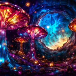 A vibrant and detailed fantasy photograph of an alien planet. Where every element appears meticulously crafted from iridescent stained glass. From a cave system, dominated by towering crystals, giant bioluminescent mushrooms, in all shapes and sizes, that glow in vibrant iridescent colors. A stream of iridescent blue water, flows down the center of the cave from a waterfall, off in the distance. The alien flora, vibrantly colored, attracting alien insects, like nothing you've ever seen. Glow worms hang down from the ceiling, emitting the entire spectrum of the rainbow in colors, they seem to dance and blend as if they are connected. Outside the cave system, the sky shimmers with a breathtaking aurora borealis that fills the sky, creating a cosmic spectacle of galaxies, nebulae, and radiant starlight, in this nighttime landscape.