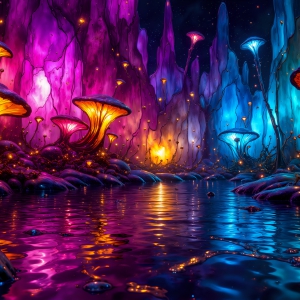 A vibrant and detailed fantasy photograph of an alien planet. Where every element appears meticulously crafted from iridescent stained glass. From a cave system, dominated by towering crystals, giant bioluminescent mushrooms, in all shapes and sizes, that glow in vibrant iridescent colors. A stream of iridescent blue water, flows down the center of the cave from a waterfall, off in the distance. The alien flora, vibrantly colored, attracting alien insects, like nothing you've ever seen. Glow worms hang down from the ceiling, emitting the entire spectrum of the rainbow in colors, they seem to dance and blend as if they are connected. Outside the cave system, the sky shimmers with a breathtaking aurora borealis that fills the sky, creating a cosmic spectacle of galaxies, nebulae, and radiant starlight, in this nighttime landscape.