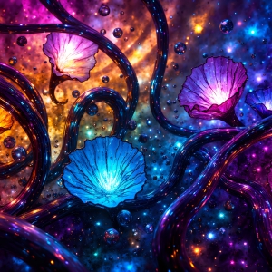 A vibrant and detailed fantasy photograph of an alien planet. Where every element appears meticulously crafted from iridescent stained glass. From a cave system, dominated by towering crystals, giant bioluminescent mushrooms, in all shapes and sizes, that glow in vibrant iridescent colors. A stream of iridescent blue water, flows down the center of the cave from a waterfall, off in the distance. The alien flora, vibrantly colored, attracting alien insects, like nothing you've ever seen. Glow worms hang down from the ceiling, emitting the entire spectrum of the rainbow in colors, they seem to dance and blend as if they are connected. Outside the cave system, the sky shimmers with a breathtaking aurora borealis that fills the sky, creating a cosmic spectacle of galaxies, nebulae, and radiant starlight, in this nighttime landscape.