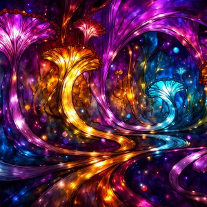 A vibrant and detailed fantasy photograph of an alien planet. Where every element appears meticulously crafted from iridescent stained glass. From a cave system, dominated by towering crystals, giant bioluminescent mushrooms, in all shapes and sizes, that glow in vibrant iridescent colors. A stream of iridescent blue water, flows down the center of the cave from a waterfall, off in the distance. The alien flora, vibrantly colored, attracting alien insects, like nothing you've ever seen. Glow worms hang down from the ceiling, emitting the entire spectrum of the rainbow in colors, they seem to dance and blend as if they are connected. Outside the cave system, the sky shimmers with a breathtaking aurora borealis that fills the sky, creating a cosmic spectacle of galaxies, nebulae, and radiant starlight, in this nighttime landscape.