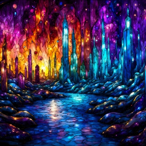 A vibrant and detailed fantasy photograph of an alien planet. Where every element appears meticulously crafted from iridescent stained glass. From a cave system, dominated by towering crystals, giant bioluminescent mushrooms, in all shapes and sizes, that glow in vibrant iridescent colors. A stream of iridescent blue water, flows down the center of the cave from a waterfall, off in the distance. The alien flora, vibrantly colored, attracting alien insects, like nothing you've ever seen. Glow worms hang down from the ceiling, emitting the entire spectrum of the rainbow in colors, they seem to dance and blend as if they are connected. Outside the cave system, the sky shimmers with a breathtaking aurora borealis that fills the sky, creating a cosmic spectacle of galaxies, nebulae, and radiant starlight, in this nighttime landscape.