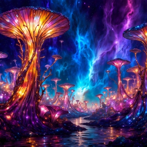 A vibrant and detailed fantasy photograph of an alien planet. Where every element appears meticulously crafted from iridescent stained glass. From a cave system, dominated by towering crystals, giant bioluminescent mushrooms, in all shapes and sizes, that glow in vibrant iridescent colors. A stream of iridescent blue water, flows down the center of the cave from a waterfall, off in the distance. The alien flora, vibrantly colored, attracting alien insects, like nothing you've ever seen. Glow worms hang down from the ceiling, emitting the entire spectrum of the rainbow in colors, they seem to dance and blend as if they are connected. Outside the cave system, the sky shimmers with a breathtaking aurora borealis that fills the sky, creating a cosmic spectacle of galaxies, nebulae, and radiant starlight, in this nighttime landscape.