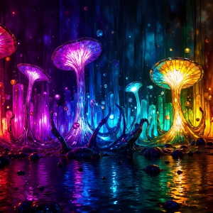 A vibrant and detailed fantasy photograph of an alien planet. Where every element appears meticulously crafted from iridescent stained glass. From a cave system, dominated by towering crystals, giant bioluminescent mushrooms, in all shapes and sizes, that glow in vibrant iridescent colors. A stream of iridescent blue water, flows down the center of the cave from a waterfall, off in the distance. The alien flora, vibrantly colored, attracting alien insects, like nothing you've ever seen. Glow worms hang down from the ceiling, emitting the entire spectrum of the rainbow in colors, they seem to dance and blend as if they are connected. Outside the cave system, the sky shimmers with a breathtaking aurora borealis that fills the sky, creating a cosmic spectacle of galaxies, nebulae, and radiant starlight, in this nighttime landscape.