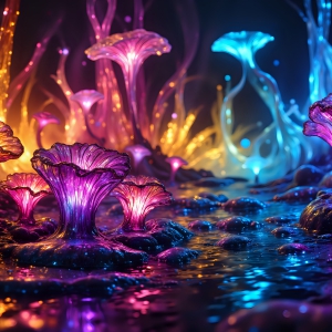 A vibrant and detailed fantasy photograph of an alien planet. Where every element appears meticulously crafted from iridescent stained glass. From a cave system, dominated by towering crystals, giant bioluminescent mushrooms, in all shapes and sizes, that glow in vibrant iridescent colors. A stream of iridescent blue water, flows down the center of the cave from a waterfall, off in the distance. The alien flora, vibrantly colored, attracting alien insects, like nothing you've ever seen. Glow worms hang down from the ceiling, emitting the entire spectrum of the rainbow in colors, they seem to dance and blend as if they are connected. Outside the cave system, the sky shimmers with a breathtaking aurora borealis that fills the sky, creating a cosmic spectacle of galaxies, nebulae, and radiant starlight, in this nighttime landscape.