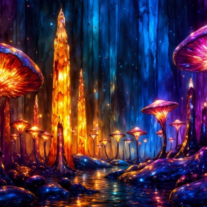 A vibrant and detailed fantasy photograph of an alien planet. Where every element appears meticulously crafted from iridescent stained glass. From a cave system, dominated by towering crystals, giant bioluminescent mushrooms, in all shapes and sizes, that glow in vibrant iridescent colors. A stream of iridescent blue water, flows down the center of the cave from a waterfall, off in the distance. The alien flora, vibrantly colored, attracting alien insects, like nothing you've ever seen. Glow worms hang down from the ceiling, emitting the entire spectrum of the rainbow in colors, they seem to dance and blend as if they are connected. Outside the cave system, the sky shimmers with a breathtaking aurora borealis that fills the sky, creating a cosmic spectacle of galaxies, nebulae, and radiant starlight, in this nighttime landscape.