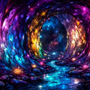 A vibrant and detailed fantasy photograph of an alien planet. Where every element appears meticulously crafted from iridescent stained glass. From a cave system, dominated by towering crystals, giant bioluminescent mushrooms, in all shapes and sizes, that glow in vibrant iridescent colors. A stream of iridescent blue water, flows down the center of the cave from a waterfall, off in the distance. The alien flora, vibrantly colored, attracting alien insects, like nothing you've ever seen. Glow worms hang down from the ceiling, emitting the entire spectrum of the rainbow in colors, they seem to dance and blend as if they are connected. Outside the cave system, the sky shimmers with a breathtaking aurora borealis that fills the sky, creating a cosmic spectacle of galaxies, nebulae, and radiant starlight, in this nighttime landscape.