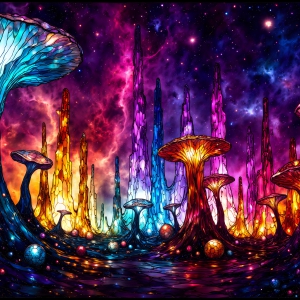 A vibrant and detailed fantasy photograph of an alien planet. Where every element appears meticulously crafted from iridescent stained glass. From a cave system, dominated by towering crystals, giant bioluminescent mushrooms, in all shapes and sizes, that glow in vibrant iridescent colors. A stream of iridescent blue water, flows down the center of the cave from a waterfall, off in the distance. The alien flora, vibrantly colored, attracting alien insects, like nothing you've ever seen. Glow worms hang down from the ceiling, emitting the entire spectrum of the rainbow in colors, they seem to dance and blend as if they are connected. Outside the cave system, the sky shimmers with a breathtaking aurora borealis that fills the sky, creating a cosmic spectacle of galaxies, nebulae, and radiant starlight, in this nighttime landscape.