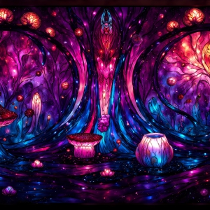 A vibrant and detailed fantasy photograph of an alien planet. Where every element appears meticulously crafted from iridescent stained glass. From a cave system, dominated by towering crystals, giant bioluminescent mushrooms, in all shapes and sizes, that glow in vibrant iridescent colors. A stream of iridescent blue water, flows down the center of the cave from a waterfall, off in the distance. The alien flora, vibrantly colored, attracting alien insects, like nothing you've ever seen. Glow worms hang down from the ceiling, emitting the entire spectrum of the rainbow in colors, they seem to dance and blend as if they are connected. Outside the cave system, the sky shimmers with a breathtaking aurora borealis that fills the sky, creating a cosmic spectacle of galaxies, nebulae, and radiant starlight, in this nighttime landscape.