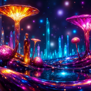 A vibrant and detailed fantasy photograph of an alien planet. Where every element appears meticulously crafted from iridescent stained glass. From a cave system, dominated by towering crystals, giant bioluminescent mushrooms, in all shapes and sizes, that glow in vibrant iridescent colors. A stream of iridescent blue water, flows down the center of the cave from a waterfall, off in the distance. The alien flora, vibrantly colored, attracting alien insects, like nothing you've ever seen. Glow worms hang down from the ceiling, emitting the entire spectrum of the rainbow in colors, they seem to dance and blend as if they are connected. Outside the cave system, the sky shimmers with a breathtaking aurora borealis that fills the sky, creating a cosmic spectacle of galaxies, nebulae, and radiant starlight, in this nighttime landscape.