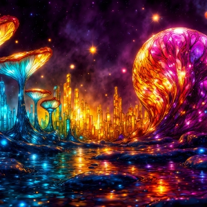 A vibrant and detailed fantasy photograph of an alien planet. Where every element appears meticulously crafted from iridescent stained glass. From a cave system, dominated by towering crystals, giant bioluminescent mushrooms, in all shapes and sizes, that glow in vibrant iridescent colors. A stream of iridescent blue water, flows down the center of the cave from a waterfall, off in the distance. The alien flora, vibrantly colored, attracting alien insects, like nothing you've ever seen. Glow worms hang down from the ceiling, emitting the entire spectrum of the rainbow in colors, they seem to dance and blend as if they are connected. Outside the cave system, the sky shimmers with a breathtaking aurora borealis that fills the sky, creating a cosmic spectacle of galaxies, nebulae, and radiant starlight, in this nighttime landscape.