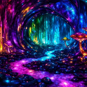 A vibrant and detailed fantasy photograph of an alien planet. Where every element appears meticulously crafted from iridescent stained glass. From a cave system, dominated by towering crystals, giant bioluminescent mushrooms, in all shapes and sizes, that glow in vibrant iridescent colors. A stream of iridescent blue water, flows down the center of the cave from a waterfall, off in the distance. The alien flora, vibrantly colored, attracting alien insects, like nothing you've ever seen. Glow worms hang down from the ceiling, emitting the entire spectrum of the rainbow in colors, they seem to dance and blend as if they are connected. Outside the cave system, the sky shimmers with a breathtaking aurora borealis that fills the sky, creating a cosmic spectacle of galaxies, nebulae, and radiant starlight, in this nighttime landscape.