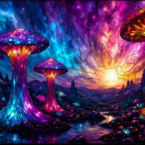 A vibrant and detailed fantasy photograph of an alien planet. Where every element appears meticulously crafted from iridescent stained glass. From a cave system, dominated by towering crystals, giant bioluminescent mushrooms, in all shapes and sizes, that glow in vibrant iridescent colors. A stream of iridescent blue water, flows down the center of the cave from a waterfall, off in the distance. The alien flora, vibrantly colored, attracting alien insects, like nothing you've ever seen. Glow worms hang down from the ceiling, emitting the entire spectrum of the rainbow in colors, they seem to dance and blend as if they are connected. Outside the cave system, the sky shimmers with a breathtaking aurora borealis that fills the sky, creating a cosmic spectacle of galaxies, nebulae, and radiant starlight, in this nighttime landscape.