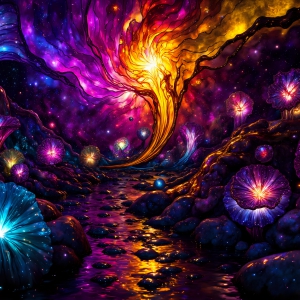 A vibrant and detailed fantasy photograph of an alien planet. Where every element appears meticulously crafted from iridescent stained glass. From a cave system, dominated by towering crystals, giant bioluminescent mushrooms, in all shapes and sizes, that glow in vibrant iridescent colors. A stream of iridescent blue water, flows down the center of the cave from a waterfall, off in the distance. The alien flora, vibrantly colored, attracting alien insects, like nothing you've ever seen. Glow worms hang down from the ceiling, emitting the entire spectrum of the rainbow in colors, they seem to dance and blend as if they are connected. Outside the cave system, the sky shimmers with a breathtaking aurora borealis that fills the sky, creating a cosmic spectacle of galaxies, nebulae, and radiant starlight, in this nighttime landscape.