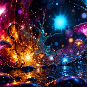 A vibrant and detailed fantasy photograph of an alien planet. Where every element appears meticulously crafted from iridescent stained glass. From a cave system, dominated by towering crystals, giant bioluminescent mushrooms, in all shapes and sizes, that glow in vibrant iridescent colors. A stream of iridescent blue water, flows down the center of the cave from a waterfall, off in the distance. The alien flora, vibrantly colored, attracting alien insects, like nothing you've ever seen. Glow worms hang down from the ceiling, emitting the entire spectrum of the rainbow in colors, they seem to dance and blend as if they are connected. Outside the cave system, the sky shimmers with a breathtaking aurora borealis that fills the sky, creating a cosmic spectacle of galaxies, nebulae, and radiant starlight, in this nighttime landscape.