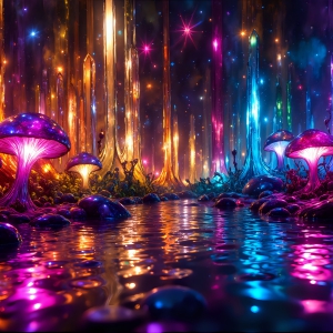 A vibrant and detailed fantasy photograph of an alien planet. Where every element appears meticulously crafted from iridescent stained glass. From a cave system, dominated by towering crystals, giant bioluminescent mushrooms, in all shapes and sizes, that glow in vibrant iridescent colors. A stream of iridescent blue water, flows down the center of the cave from a waterfall, off in the distance. The alien flora, vibrantly colored, attracting alien insects, like nothing you've ever seen. Glow worms hang down from the ceiling, emitting the entire spectrum of the rainbow in colors, they seem to dance and blend as if they are connected. Outside the cave system, the sky shimmers with a breathtaking aurora borealis that fills the sky, creating a cosmic spectacle of galaxies, nebulae, and radiant starlight, in this nighttime landscape.