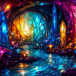 A vibrant and detailed fantasy photograph of an alien planet. Where every element appears meticulously crafted from iridescent stained glass. From a cave system, dominated by towering crystals, giant bioluminescent mushrooms, in all shapes and sizes, that glow in vibrant iridescent colors. A stream of iridescent blue water, flows down the center of the cave from a waterfall, off in the distance. The alien flora, vibrantly colored, attracting alien insects, like nothing you've ever seen. Glow worms hang down from the ceiling, emitting the entire spectrum of the rainbow in colors, they seem to dance and blend as if they are connected. Outside the cave system, the sky shimmers with a breathtaking aurora borealis that fills the sky, creating a cosmic spectacle of galaxies, nebulae, and radiant starlight, in this nighttime landscape.