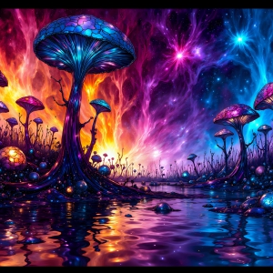 A vibrant and detailed fantasy photograph of an alien planet. Where every element appears meticulously crafted from iridescent stained glass. From a cave system, dominated by towering crystals, giant bioluminescent mushrooms, in all shapes and sizes, that glow in vibrant iridescent colors. A stream of iridescent blue water, flows down the center of the cave from a waterfall, off in the distance. The alien flora, vibrantly colored, attracting alien insects, like nothing you've ever seen. Glow worms hang down from the ceiling, emitting the entire spectrum of the rainbow in colors, they seem to dance and blend as if they are connected. Outside the cave system, the sky shimmers with a breathtaking aurora borealis that fills the sky, creating a cosmic spectacle of galaxies, nebulae, and radiant starlight, in this nighttime landscape.