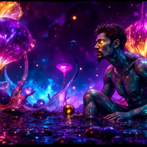 A vibrant and detailed fantasy photograph of an alien planet. Where every element appears meticulously crafted from iridescent stained glass. From a cave system, dominated by towering crystals, giant bioluminescent mushrooms, in all shapes and sizes, that glow in vibrant iridescent colors. A stream of iridescent blue water, flows down the center of the cave from a waterfall, off in the distance. The alien flora, vibrantly colored, attracting alien insects, like nothing you've ever seen. Glow worms hang down from the ceiling, emitting the entire spectrum of the rainbow in colors, they seem to dance and blend as if they are connected. Outside the cave system, the sky shimmers with a breathtaking aurora borealis that fills the sky, creating a cosmic spectacle of galaxies, nebulae, and radiant starlight, in this nighttime landscape.