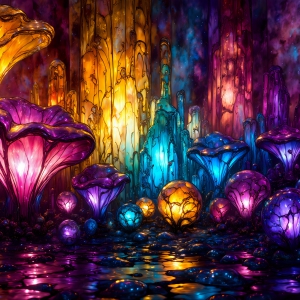 A vibrant and detailed fantasy photograph of an alien planet. Where every element appears meticulously crafted from iridescent stained glass. From a cave system, dominated by towering crystals, giant bioluminescent mushrooms, in all shapes and sizes, that glow in vibrant iridescent colors. A stream of iridescent blue water, flows down the center of the cave from a waterfall, off in the distance. The alien flora, vibrantly colored, attracting alien insects, like nothing you've ever seen. Glow worms hang down from the ceiling, emitting the entire spectrum of the rainbow in colors, they seem to dance and blend as if they are connected. Outside the cave system, the sky shimmers with a breathtaking aurora borealis that fills the sky, creating a cosmic spectacle of galaxies, nebulae, and radiant starlight, in this nighttime landscape.