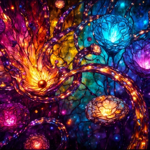 A vibrant and detailed fantasy photograph of an alien planet. Where every element appears meticulously crafted from iridescent stained glass. From a cave system, dominated by towering crystals, giant bioluminescent mushrooms, in all shapes and sizes, that glow in vibrant iridescent colors. A stream of iridescent blue water, flows down the center of the cave from a waterfall, off in the distance. The alien flora, vibrantly colored, attracting alien insects, like nothing you've ever seen. Glow worms hang down from the ceiling, emitting the entire spectrum of the rainbow in colors, they seem to dance and blend as if they are connected. Outside the cave system, the sky shimmers with a breathtaking aurora borealis that fills the sky, creating a cosmic spectacle of galaxies, nebulae, and radiant starlight, in this nighttime landscape.