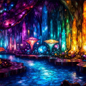 A vibrant and detailed fantasy photograph of an alien planet. Where every element appears meticulously crafted from iridescent stained glass. From a cave system, dominated by towering crystals, giant bioluminescent mushrooms, in all shapes and sizes, that glow in vibrant iridescent colors. A stream of iridescent blue water, flows down the center of the cave from a waterfall, off in the distance. The alien flora, vibrantly colored, attracting alien insects, like nothing you've ever seen. Glow worms hang down from the ceiling, emitting the entire spectrum of the rainbow in colors, they seem to dance and blend as if they are connected. Outside the cave system, the sky shimmers with a breathtaking aurora borealis that fills the sky, creating a cosmic spectacle of galaxies, nebulae, and radiant starlight, in this nighttime landscape.