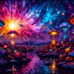 A vibrant and detailed fantasy photograph of an alien planet. Where every element appears meticulously crafted from iridescent stained glass. From a cave system, dominated by towering crystals, giant bioluminescent mushrooms, in all shapes and sizes, that glow in vibrant iridescent colors. A stream of iridescent blue water, flows down the center of the cave from a waterfall, off in the distance. The alien flora, vibrantly colored, attracting alien insects, like nothing you've ever seen. Glow worms hang down from the ceiling, emitting the entire spectrum of the rainbow in colors, they seem to dance and blend as if they are connected. Outside the cave system, the sky shimmers with a breathtaking aurora borealis that fills the sky, creating a cosmic spectacle of galaxies, nebulae, and radiant starlight, in this nighttime landscape.