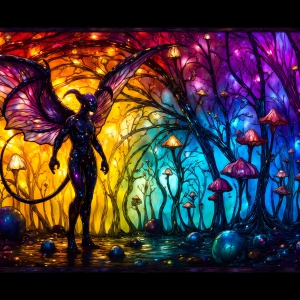 A vibrant and detailed fantasy photograph of an alien planet. Where every element appears meticulously crafted from iridescent stained glass. From a cave system, dominated by towering crystals, giant bioluminescent mushrooms, in all shapes and sizes, that glow in vibrant iridescent colors. A stream of iridescent blue water, flows down the center of the cave from a waterfall, off in the distance. The alien flora, vibrantly colored, attracting alien insects, like nothing you've ever seen. Glow worms hang down from the ceiling, emitting the entire spectrum of the rainbow in colors, they seem to dance and blend as if they are connected. Outside the cave system, the sky shimmers with a breathtaking aurora borealis that fills the sky, creating a cosmic spectacle of galaxies, nebulae, and radiant starlight, in this nighttime landscape.