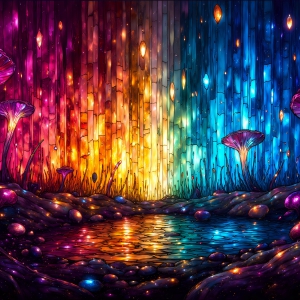 A vibrant and detailed fantasy photograph of an alien planet. Where every element appears meticulously crafted from iridescent stained glass. From a cave system, dominated by towering crystals, giant bioluminescent mushrooms, in all shapes and sizes, that glow in vibrant iridescent colors. A stream of iridescent blue water, flows down the center of the cave from a waterfall, off in the distance. The alien flora, vibrantly colored, attracting alien insects, like nothing you've ever seen. Glow worms hang down from the ceiling, emitting the entire spectrum of the rainbow in colors, they seem to dance and blend as if they are connected. Outside the cave system, the sky shimmers with a breathtaking aurora borealis that fills the sky, creating a cosmic spectacle of galaxies, nebulae, and radiant starlight, in this nighttime landscape.