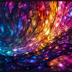 A vibrant and detailed fantasy photograph of an alien planet. Where every element appears meticulously crafted from iridescent stained glass. From a cave system, dominated by towering crystals, giant bioluminescent mushrooms, in all shapes and sizes, that glow in vibrant iridescent colors. A stream of iridescent blue water, flows down the center of the cave from a waterfall, off in the distance. The alien flora, vibrantly colored, attracting alien insects, like nothing you've ever seen. Glow worms hang down from the ceiling, emitting the entire spectrum of the rainbow in colors, they seem to dance and blend as if they are connected. Outside the cave system, the sky shimmers with a breathtaking aurora borealis that fills the sky, creating a cosmic spectacle of galaxies, nebulae, and radiant starlight, in this nighttime landscape.