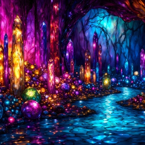 A vibrant and detailed fantasy photograph of an alien planet. Where every element appears meticulously crafted from iridescent stained glass. From a cave system, dominated by towering crystals, giant bioluminescent mushrooms, in all shapes and sizes, that glow in vibrant iridescent colors. A stream of iridescent blue water, flows down the center of the cave from a waterfall, off in the distance. The alien flora, vibrantly colored, attracting alien insects, like nothing you've ever seen. Glow worms hang down from the ceiling, emitting the entire spectrum of the rainbow in colors, they seem to dance and blend as if they are connected. Outside the cave system, the sky shimmers with a breathtaking aurora borealis that fills the sky, creating a cosmic spectacle of galaxies, nebulae, and radiant starlight, in this nighttime landscape.