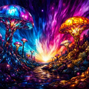 A vibrant and detailed fantasy photograph of an alien planet. Where every element appears meticulously crafted from iridescent stained glass. From a cave system, dominated by towering crystals, giant bioluminescent mushrooms, in all shapes and sizes, that glow in vibrant iridescent colors. A stream of iridescent blue water, flows down the center of the cave from a waterfall, off in the distance. The alien flora, vibrantly colored, attracting alien insects, like nothing you've ever seen. Glow worms hang down from the ceiling, emitting the entire spectrum of the rainbow in colors, they seem to dance and blend as if they are connected. Outside the cave system, the sky shimmers with a breathtaking aurora borealis that fills the sky, creating a cosmic spectacle of galaxies, nebulae, and radiant starlight, in this nighttime landscape.