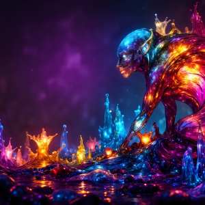 A vibrant and detailed fantasy photograph of an alien planet. Where every element appears meticulously crafted from iridescent stained glass. From a cave system, dominated by towering crystals, giant bioluminescent mushrooms, in all shapes and sizes, that glow in vibrant iridescent colors. A stream of iridescent blue water, flows down the center of the cave from a waterfall, off in the distance. The alien flora, vibrantly colored, attracting alien insects, like nothing you've ever seen. Glow worms hang down from the ceiling, emitting the entire spectrum of the rainbow in colors, they seem to dance and blend as if they are connected. Outside the cave system, the sky shimmers with a breathtaking aurora borealis that fills the sky, creating a cosmic spectacle of galaxies, nebulae, and radiant starlight, in this nighttime landscape.