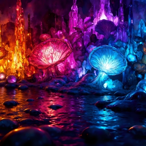 A vibrant and detailed fantasy photograph of an alien planet. Where every element appears meticulously crafted from iridescent stained glass. From a cave system, dominated by towering crystals, giant bioluminescent mushrooms, in all shapes and sizes, that glow in vibrant iridescent colors. A stream of iridescent blue water, flows down the center of the cave from a waterfall, off in the distance. The alien flora, vibrantly colored, attracting alien insects, like nothing you've ever seen. Glow worms hang down from the ceiling, emitting the entire spectrum of the rainbow in colors, they seem to dance and blend as if they are connected. Outside the cave system, the sky shimmers with a breathtaking aurora borealis that fills the sky, creating a cosmic spectacle of galaxies, nebulae, and radiant starlight, in this nighttime landscape.
