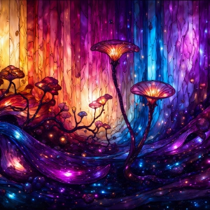 A vibrant and detailed fantasy photograph of an alien planet. Where every element appears meticulously crafted from iridescent stained glass. From a cave system, dominated by towering crystals, giant bioluminescent mushrooms, in all shapes and sizes, that glow in vibrant iridescent colors. A stream of iridescent blue water, flows down the center of the cave from a waterfall, off in the distance. The alien flora, vibrantly colored, attracting alien insects, like nothing you've ever seen. Glow worms hang down from the ceiling, emitting the entire spectrum of the rainbow in colors, they seem to dance and blend as if they are connected. Outside the cave system, the sky shimmers with a breathtaking aurora borealis that fills the sky, creating a cosmic spectacle of galaxies, nebulae, and radiant starlight, in this nighttime landscape.