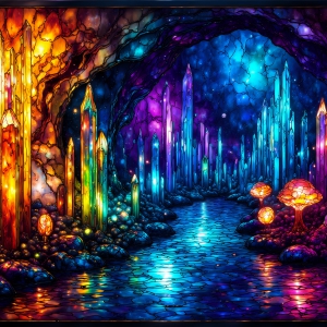 A vibrant and detailed fantasy photograph of an alien planet. Where every element appears meticulously crafted from iridescent stained glass. From a cave system, dominated by towering crystals, giant bioluminescent mushrooms, in all shapes and sizes, that glow in vibrant iridescent colors. A stream of iridescent blue water, flows down the center of the cave from a waterfall, off in the distance. The alien flora, vibrantly colored, attracting alien insects, like nothing you've ever seen. Glow worms hang down from the ceiling, emitting the entire spectrum of the rainbow in colors, they seem to dance and blend as if they are connected. Outside the cave system, the sky shimmers with a breathtaking aurora borealis that fills the sky, creating a cosmic spectacle of galaxies, nebulae, and radiant starlight, in this nighttime landscape.