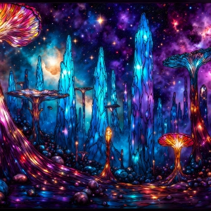 A vibrant and detailed fantasy photograph of an alien planet. Where every element appears meticulously crafted from iridescent stained glass. From a cave system, dominated by towering crystals, giant bioluminescent mushrooms, in all shapes and sizes, that glow in vibrant iridescent colors. A stream of iridescent blue water, flows down the center of the cave from a waterfall, off in the distance. The alien flora, vibrantly colored, attracting alien insects, like nothing you've ever seen. Glow worms hang down from the ceiling, emitting the entire spectrum of the rainbow in colors, they seem to dance and blend as if they are connected. Outside the cave system, the sky shimmers with a breathtaking aurora borealis that fills the sky, creating a cosmic spectacle of galaxies, nebulae, and radiant starlight, in this nighttime landscape.