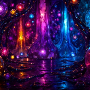 A vibrant and detailed fantasy photograph of an alien planet. Where every element appears meticulously crafted from iridescent stained glass. From a cave system, dominated by towering crystals, giant bioluminescent mushrooms, in all shapes and sizes, that glow in vibrant iridescent colors. A stream of iridescent blue water, flows down the center of the cave from a waterfall, off in the distance. The alien flora, vibrantly colored, attracting alien insects, like nothing you've ever seen. Glow worms hang down from the ceiling, emitting the entire spectrum of the rainbow in colors, they seem to dance and blend as if they are connected. Outside the cave system, the sky shimmers with a breathtaking aurora borealis that fills the sky, creating a cosmic spectacle of galaxies, nebulae, and radiant starlight, in this nighttime landscape.