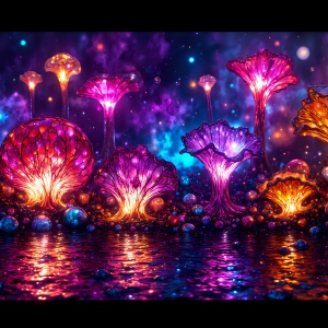 A vibrant and detailed fantasy photograph of an alien planet. Where every element appears meticulously crafted from iridescent stained glass. From a cave system, dominated by towering crystals, giant bioluminescent mushrooms, in all shapes and sizes, that glow in vibrant iridescent colors. A stream of iridescent blue water, flows down the center of the cave from a waterfall, off in the distance. The alien flora, vibrantly colored, attracting alien insects, like nothing you've ever seen. Glow worms hang down from the ceiling, emitting the entire spectrum of the rainbow in colors, they seem to dance and blend as if they are connected. Outside the cave system, the sky shimmers with a breathtaking aurora borealis that fills the sky, creating a cosmic spectacle of galaxies, nebulae, and radiant starlight, in this nighttime landscape.