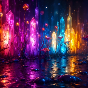 A vibrant and detailed fantasy photograph of an alien planet. Where every element appears meticulously crafted from iridescent stained glass. From a cave system, dominated by towering crystals, giant bioluminescent mushrooms, in all shapes and sizes, that glow in vibrant iridescent colors. A stream of iridescent blue water, flows down the center of the cave from a waterfall, off in the distance. The alien flora, vibrantly colored, attracting alien insects, like nothing you've ever seen. Glow worms hang down from the ceiling, emitting the entire spectrum of the rainbow in colors, they seem to dance and blend as if they are connected. Outside the cave system, the sky shimmers with a breathtaking aurora borealis that fills the sky, creating a cosmic spectacle of galaxies, nebulae, and radiant starlight, in this nighttime landscape.