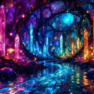 A vibrant and detailed fantasy photograph of an alien planet. Where every element appears meticulously crafted from iridescent stained glass. From a cave system, dominated by towering crystals, giant bioluminescent mushrooms, in all shapes and sizes, that glow in vibrant iridescent colors. A stream of iridescent blue water, flows down the center of the cave from a waterfall, off in the distance. The alien flora, vibrantly colored, attracting alien insects, like nothing you've ever seen. Glow worms hang down from the ceiling, emitting the entire spectrum of the rainbow in colors, they seem to dance and blend as if they are connected. Outside the cave system, the sky shimmers with a breathtaking aurora borealis that fills the sky, creating a cosmic spectacle of galaxies, nebulae, and radiant starlight, in this nighttime landscape.