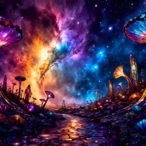 A vibrant and detailed fantasy photograph of an alien planet. Where every element appears meticulously crafted from iridescent stained glass. From a cave system, dominated by towering crystals, giant bioluminescent mushrooms, in all shapes and sizes, that glow in vibrant iridescent colors. A stream of iridescent blue water, flows down the center of the cave from a waterfall, off in the distance. The alien flora, vibrantly colored, attracting alien insects, like nothing you've ever seen. Glow worms hang down from the ceiling, emitting the entire spectrum of the rainbow in colors, they seem to dance and blend as if they are connected. Outside the cave system, the sky shimmers with a breathtaking aurora borealis that fills the sky, creating a cosmic spectacle of galaxies, nebulae, and radiant starlight, in this nighttime landscape.