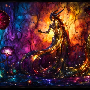 A vibrant and detailed fantasy photograph of an alien planet. Where every element appears meticulously crafted from iridescent stained glass. From a cave system, dominated by towering crystals, giant bioluminescent mushrooms, in all shapes and sizes, that glow in vibrant iridescent colors. A stream of iridescent blue water, flows down the center of the cave from a waterfall, off in the distance. The alien flora, vibrantly colored, attracting alien insects, like nothing you've ever seen. Glow worms hang down from the ceiling, emitting the entire spectrum of the rainbow in colors, they seem to dance and blend as if they are connected. Outside the cave system, the sky shimmers with a breathtaking aurora borealis that fills the sky, creating a cosmic spectacle of galaxies, nebulae, and radiant starlight, in this nighttime landscape.