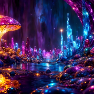 A vibrant and detailed fantasy photograph of an alien planet. Where every element appears meticulously crafted from iridescent stained glass. From a cave system, dominated by towering crystals, giant bioluminescent mushrooms, in all shapes and sizes, that glow in vibrant iridescent colors. A stream of iridescent blue water, flows down the center of the cave from a waterfall, off in the distance. The alien flora, vibrantly colored, attracting alien insects, like nothing you've ever seen. Glow worms hang down from the ceiling, emitting the entire spectrum of the rainbow in colors, they seem to dance and blend as if they are connected. Outside the cave system, the sky shimmers with a breathtaking aurora borealis that fills the sky, creating a cosmic spectacle of galaxies, nebulae, and radiant starlight, in this nighttime landscape.