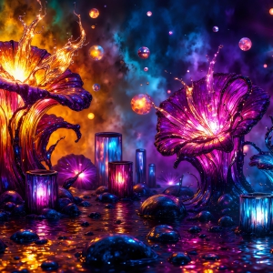 A vibrant and detailed fantasy photograph of an alien planet. Where every element appears meticulously crafted from iridescent stained glass. From a cave system, dominated by towering crystals, giant bioluminescent mushrooms, in all shapes and sizes, that glow in vibrant iridescent colors. A stream of iridescent blue water, flows down the center of the cave from a waterfall, off in the distance. The alien flora, vibrantly colored, attracting alien insects, like nothing you've ever seen. Glow worms hang down from the ceiling, emitting the entire spectrum of the rainbow in colors, they seem to dance and blend as if they are connected. Outside the cave system, the sky shimmers with a breathtaking aurora borealis that fills the sky, creating a cosmic spectacle of galaxies, nebulae, and radiant starlight, in this nighttime landscape.